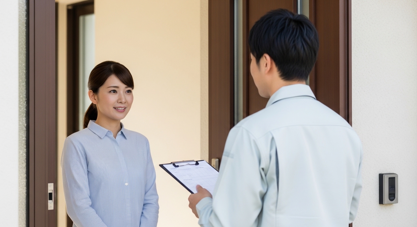 玄関先で女性と作業員が話しています